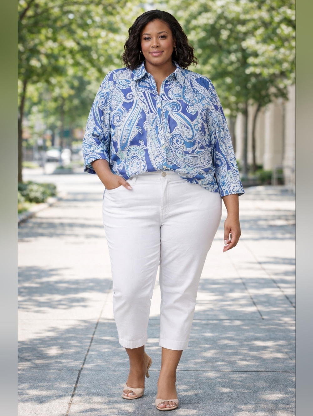 Lauren Ralph Lauren Paisley Blouse 2X Blue White Resort Chic Workwear Top